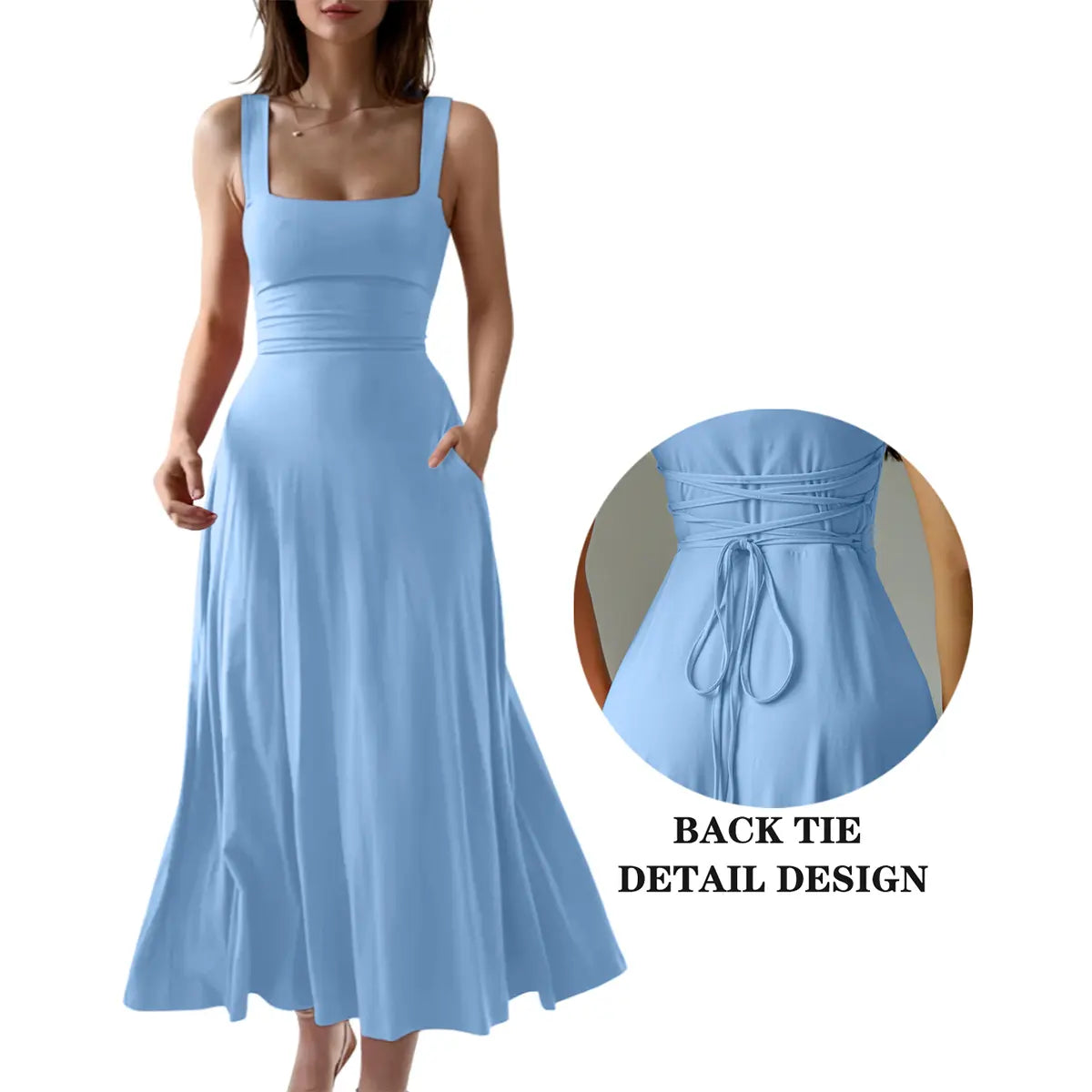 Women's Casual Sleeveless Square Neck A-Line Solid Slim Flowy Long Dress with Pockets & Back Tie Detail Design