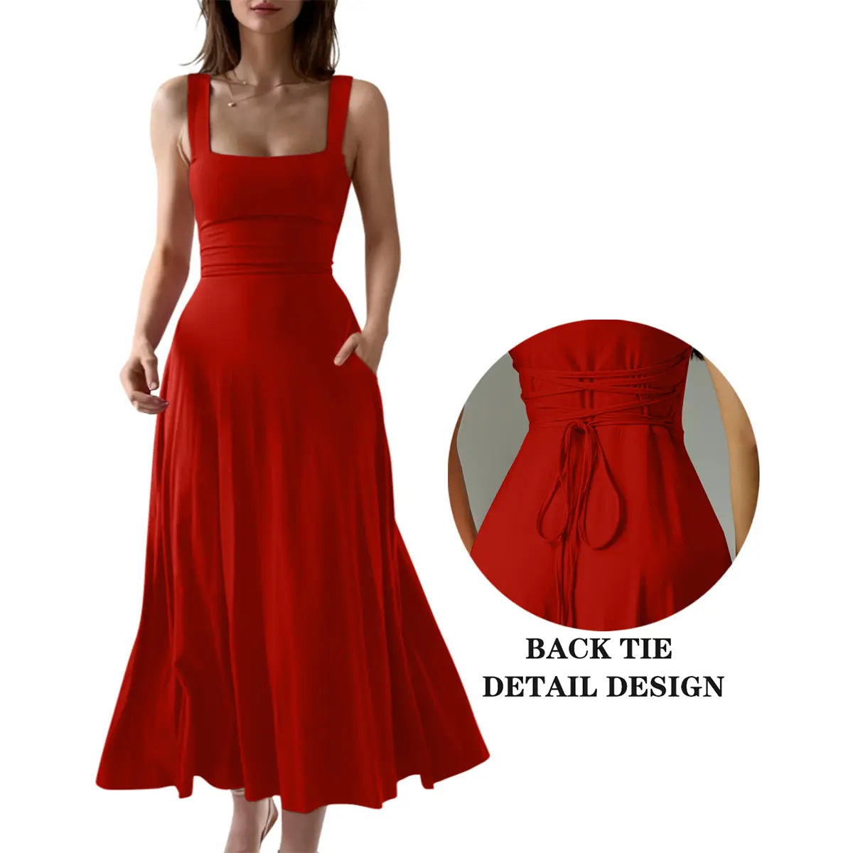 Women's Casual Sleeveless Square Neck A-Line Solid Slim Flowy Long Dress with Pockets & Back Tie Detail Design