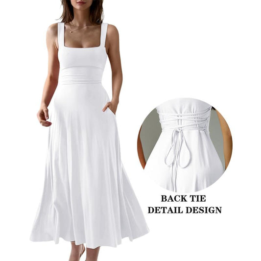 Women's Casual Sleeveless Square Neck A-Line Solid Slim Flowy Long Dress with Pockets & Back Tie Detail Design
