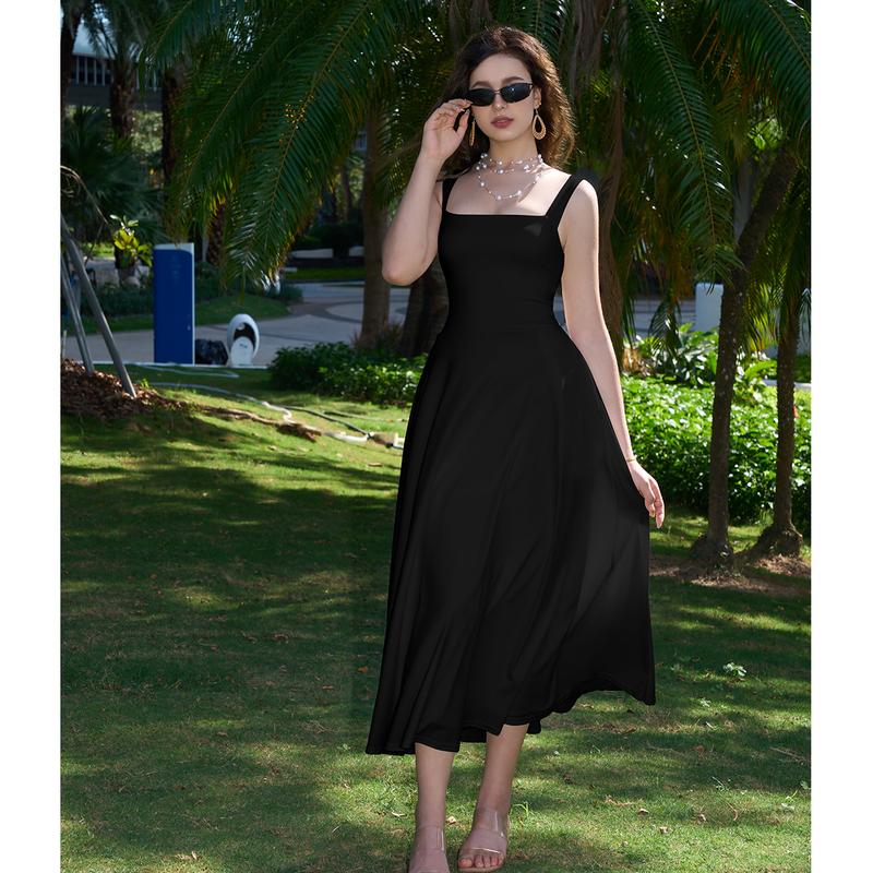Women's Casual Sleeveless Square Neck A-Line Solid Slim Flowy Long Dress with Pockets & Back Tie Detail Design