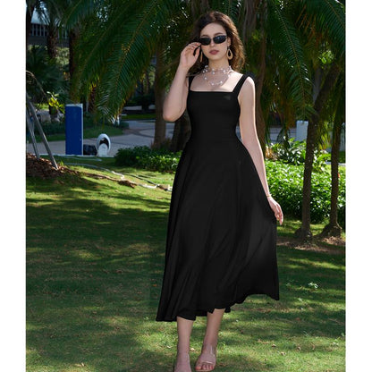 Women's Casual Sleeveless Square Neck A-Line Solid Slim Flowy Long Dress with Pockets & Back Tie Detail Design