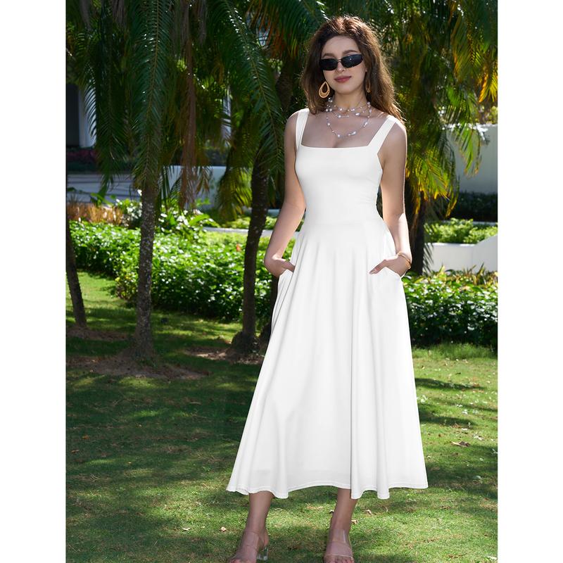 Women's Casual Sleeveless Square Neck A-Line Solid Slim Flowy Long Dress with Pockets & Back Tie Detail Design