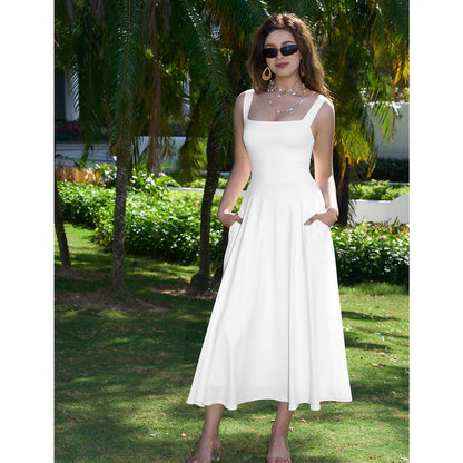 Women's Casual Sleeveless Square Neck A-Line Solid Slim Flowy Long Dress with Pockets & Back Tie Detail Design
