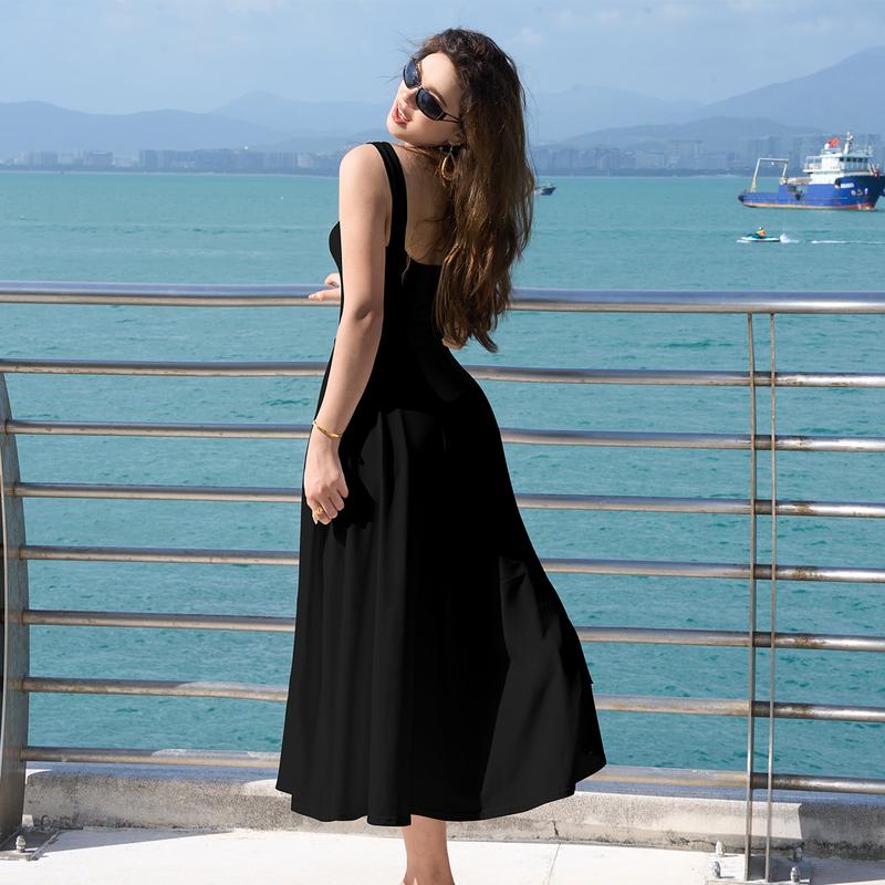 Women's Casual Sleeveless Square Neck A-Line Solid Slim Flowy Long Dress with Pockets & Back Tie Detail Design