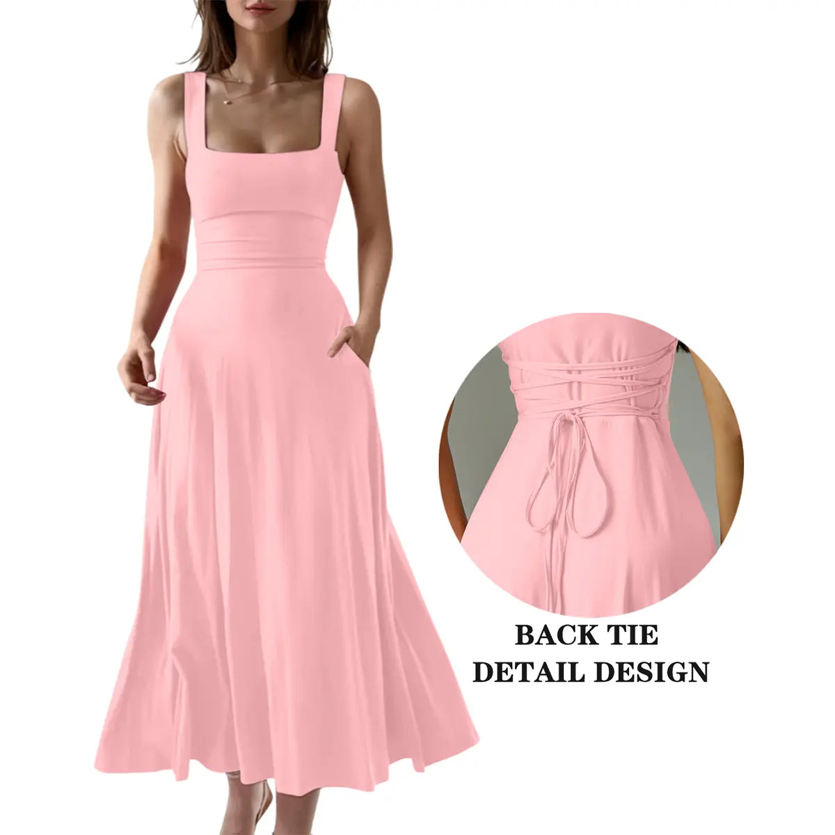 Women's Casual Sleeveless Square Neck A-Line Solid Slim Flowy Long Dress with Pockets & Back Tie Detail Design